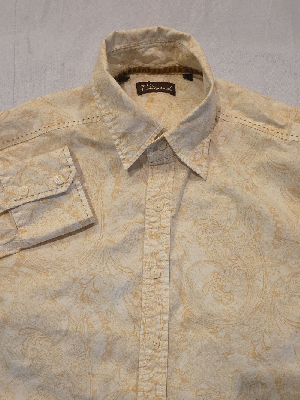 7 Diamonds Men's Cream Gold Paisley Casual Button-Down Shirt Long Sleeve L